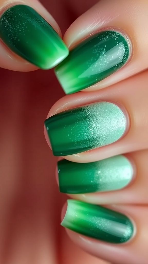 Green Ombre Christmas Nail Art Close-up of green ombre Christmas nail art with glitter accents.